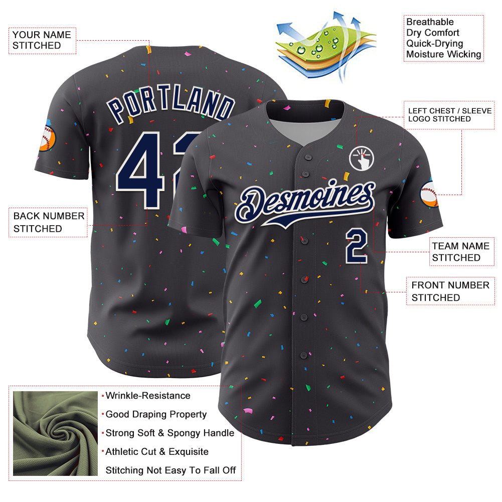 Custom Steel Gray Navy-White 3D Pattern Design Confetti Colorful Speckle Authentic Baseball Jersey