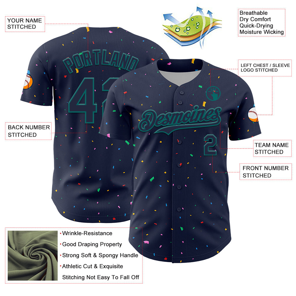 Custom Navy Teal 3D Pattern Design Confetti Colorful Speckle Authentic Baseball Jersey