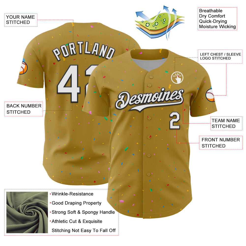 Custom Old Gold White-Black 3D Pattern Design Confetti Colorful Speckle Authentic Baseball Jersey