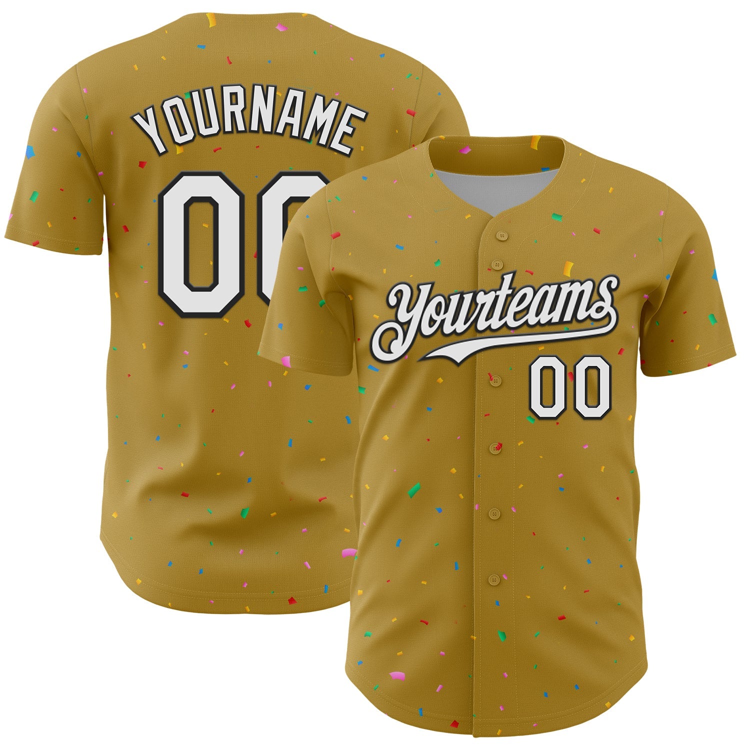 Custom Old Gold White-Black 3D Pattern Design Confetti Colorful Speckle Authentic Baseball Jersey