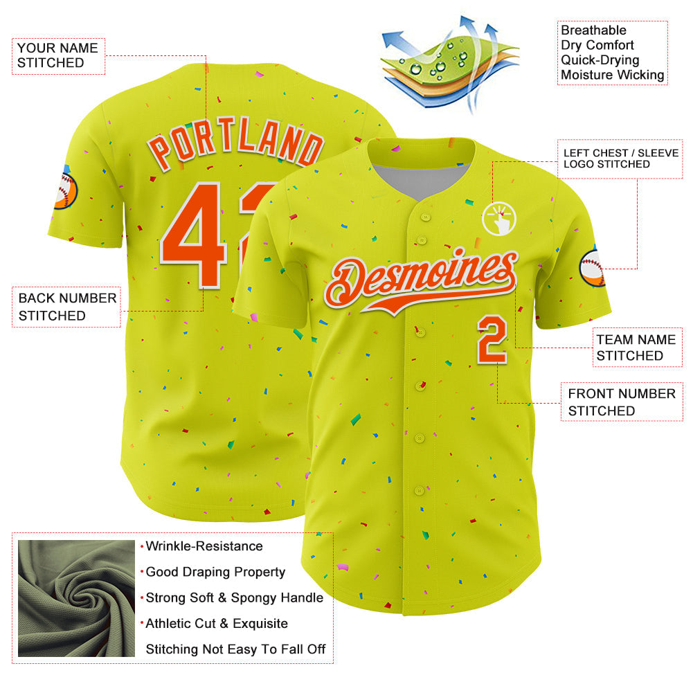 Custom Neon Yellow White-Black 3D Pattern Design Confetti Colorful Speckle Authentic Baseball Jersey