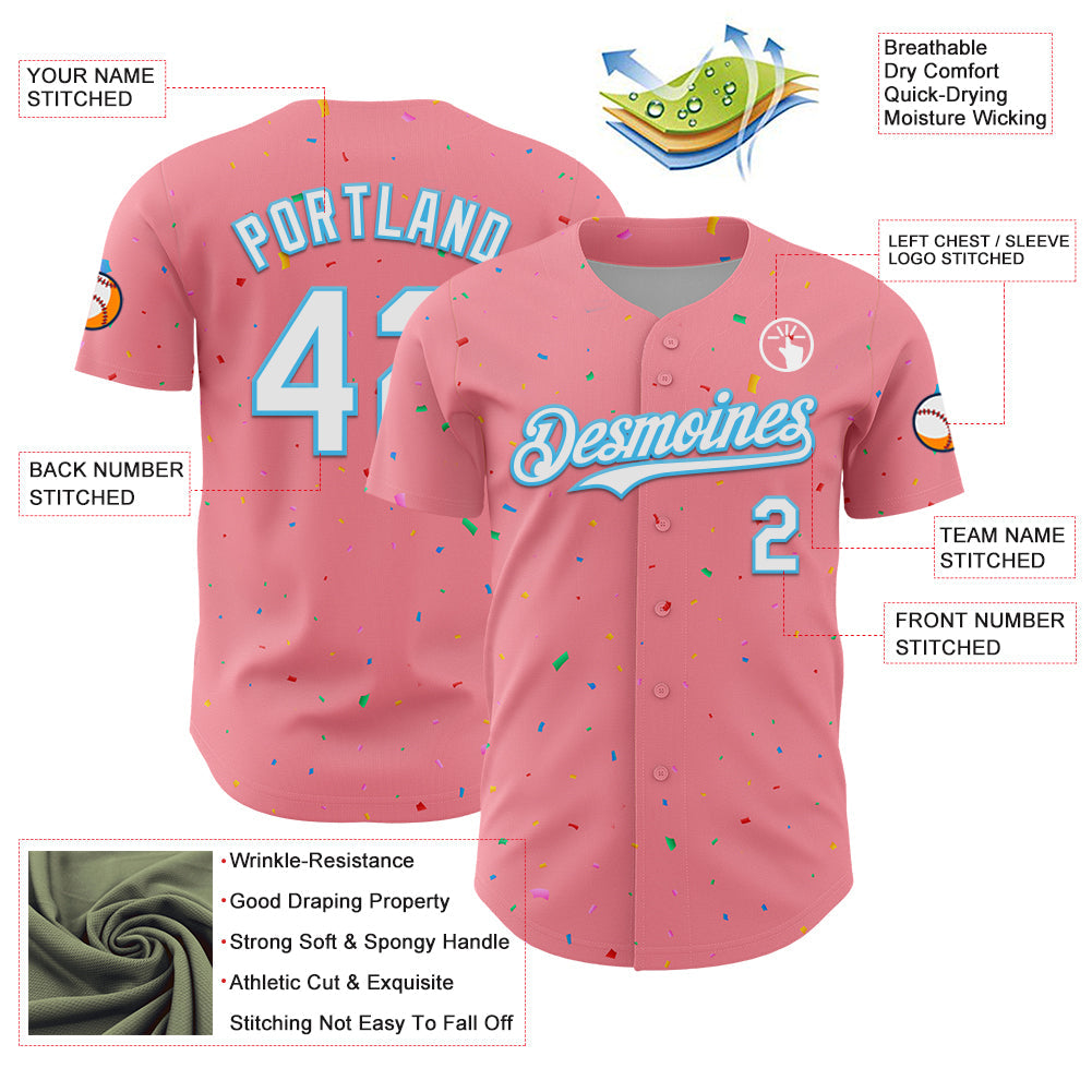 Custom Medium Pink White-Sky Blue 3D Pattern Design Confetti Colorful Speckle Authentic Baseball Jersey