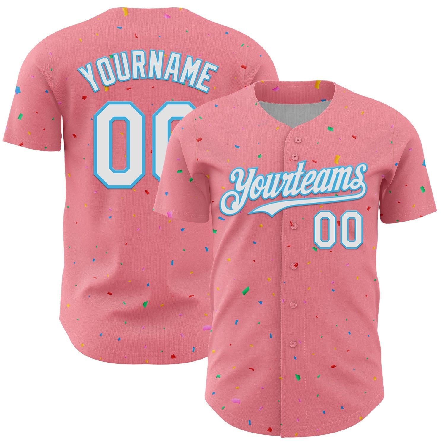 Custom Medium Pink White-Sky Blue 3D Pattern Design Confetti Colorful Speckle Authentic Baseball Jersey