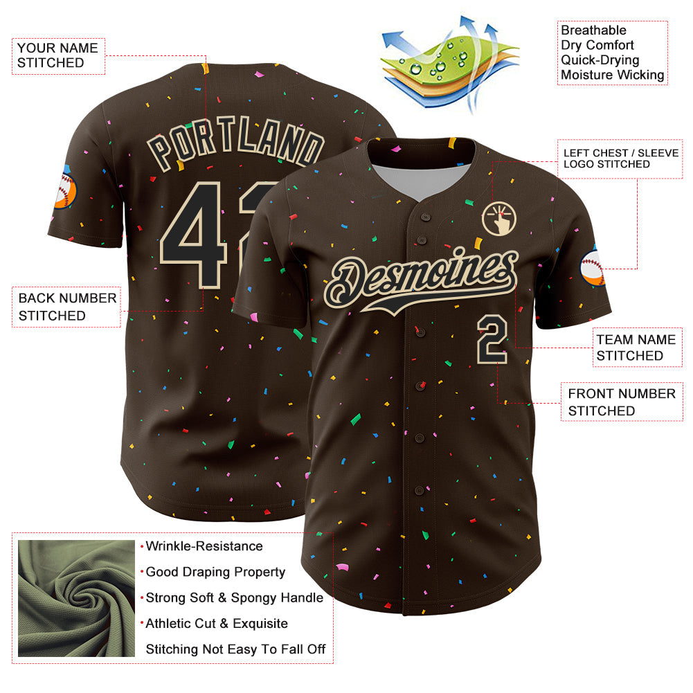 Custom Brown Black-Cream 3D Pattern Design Confetti Colorful Speckle Authentic Baseball Jersey