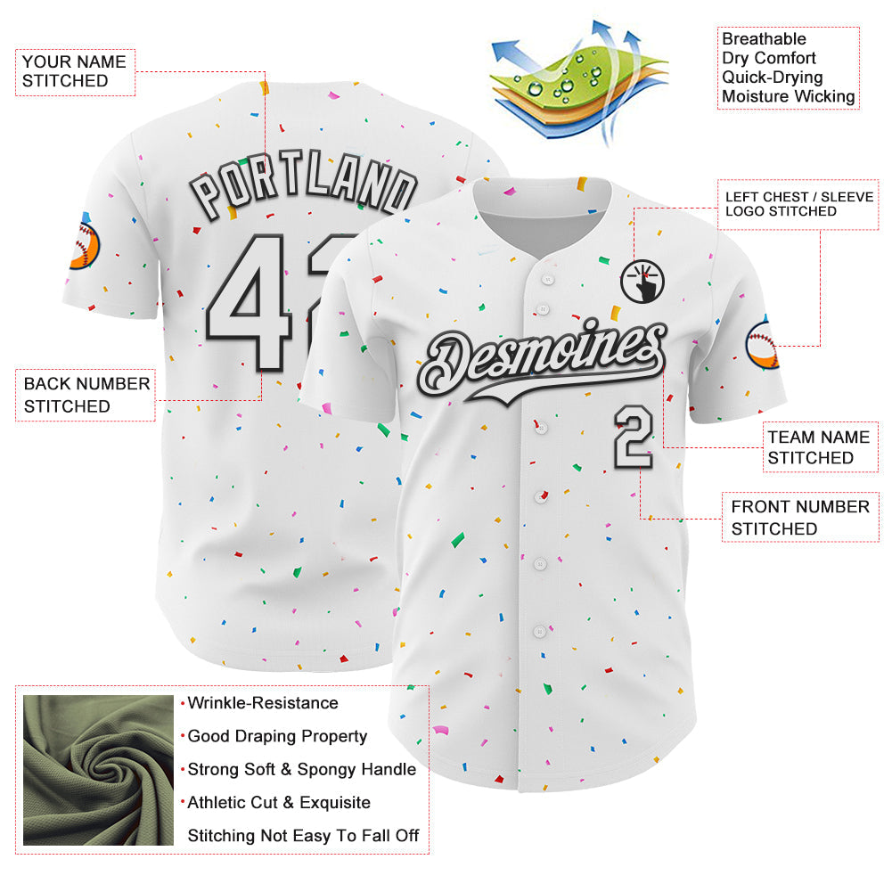 Custom White Black 3D Pattern Design Confetti Colorful Speckle Authentic Baseball Jersey