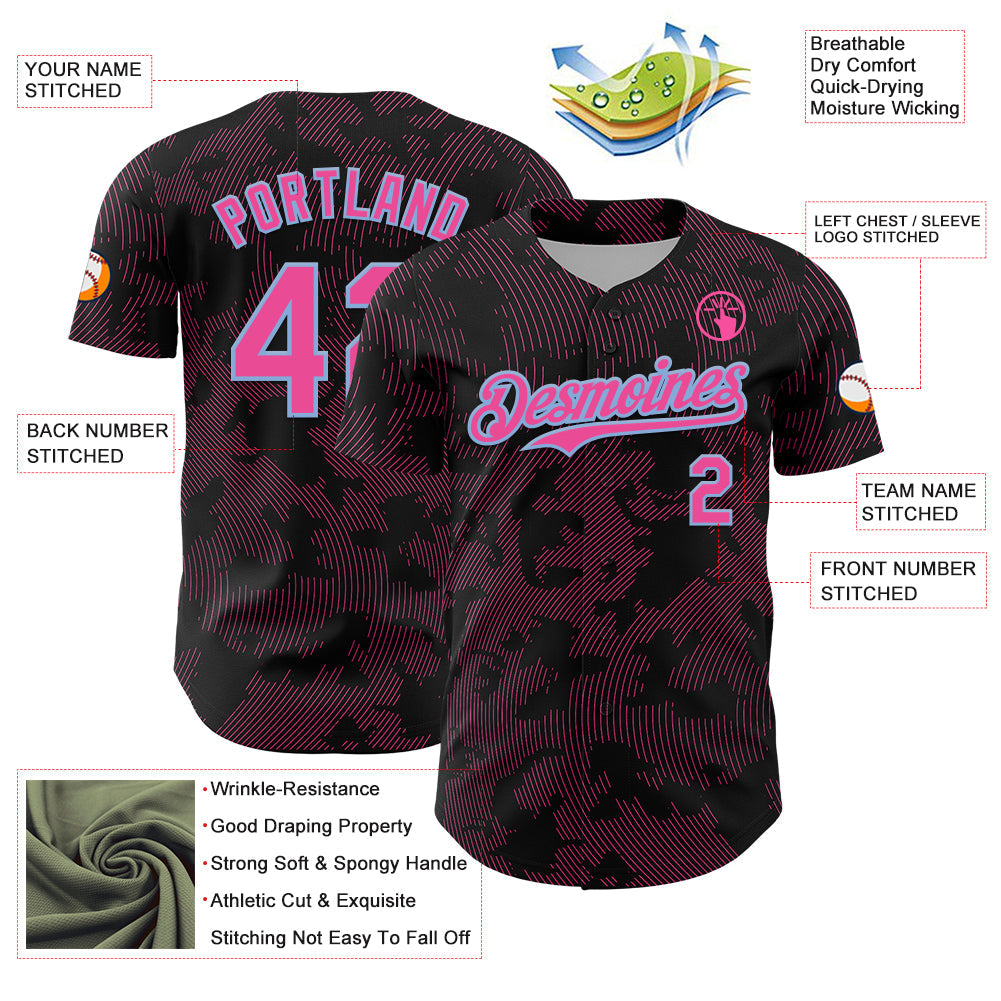 Custom Black Pink-Light Blue Curve Lines Authentic Baseball Jersey
