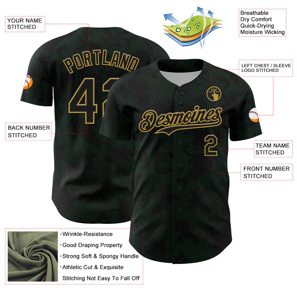 Custom Black Kelly Green-Old Gold Curve Lines Authentic Baseball Jersey