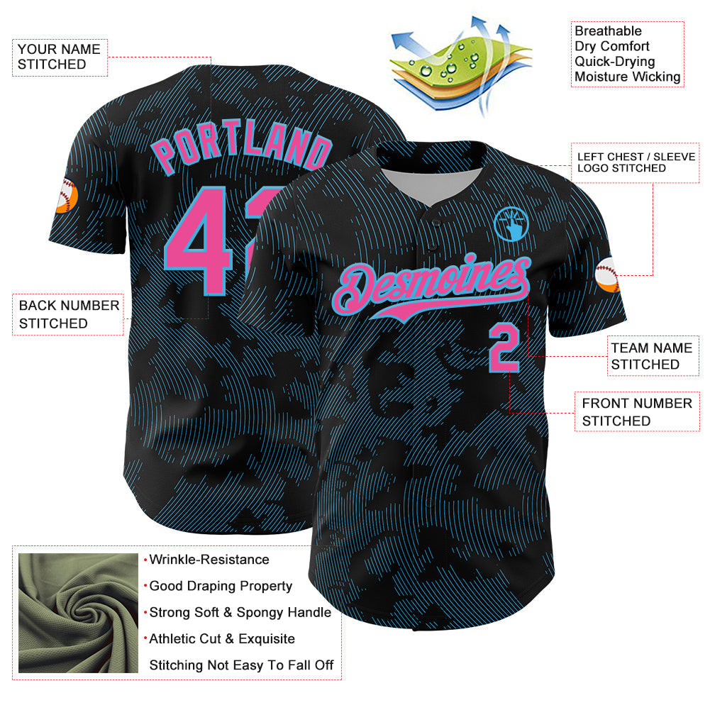 Custom Black Pink-Sky Blue Curve Lines Authentic Baseball Jersey