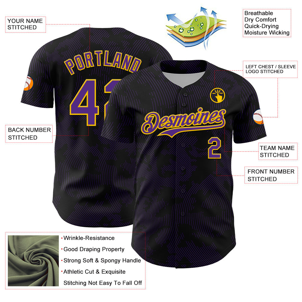 Custom Black Purple-Yellow Curve Lines Authentic Baseball Jersey