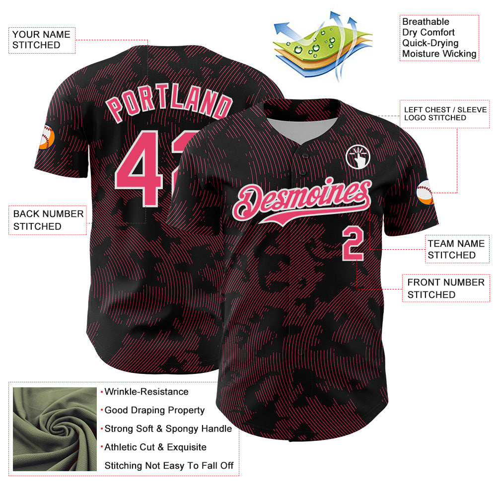 Custom Black Neon Pink-White Curve Lines Authentic Baseball Jersey