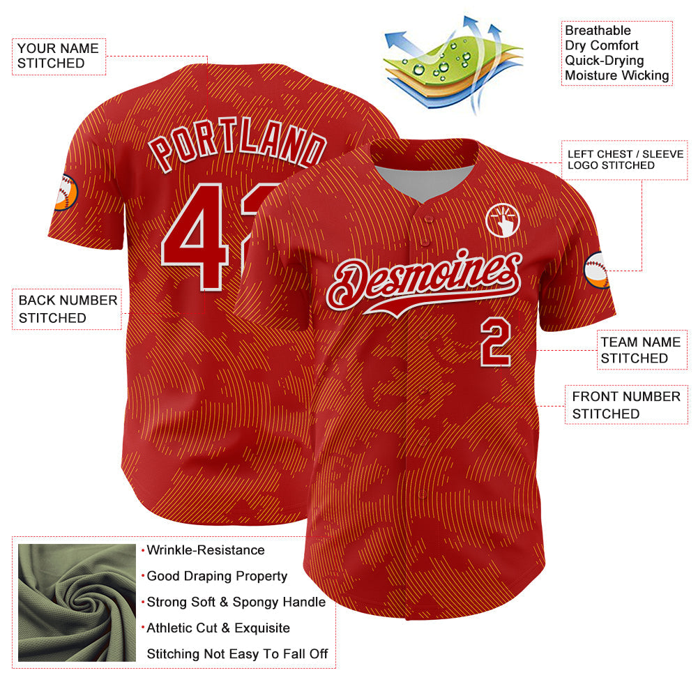 Custom Red Gold-White Curve Lines Authentic Baseball Jersey