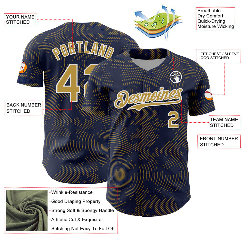 Custom Navy Old Gold-White Curve Lines Authentic Baseball Jersey