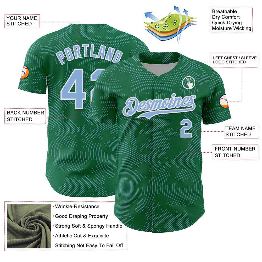 Custom Kelly Green Light Blue-White Curve Lines Authentic Baseball Jersey