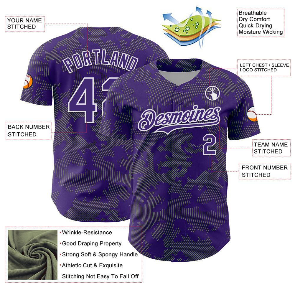 Custom Purple Neon Green-White Curve Lines Authentic Baseball Jersey