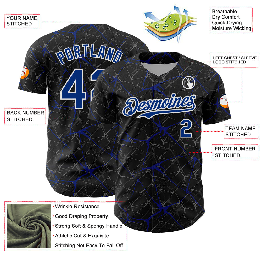 Custom Black Royal-White 3D Pattern Design Abstract Network Authentic Baseball Jersey