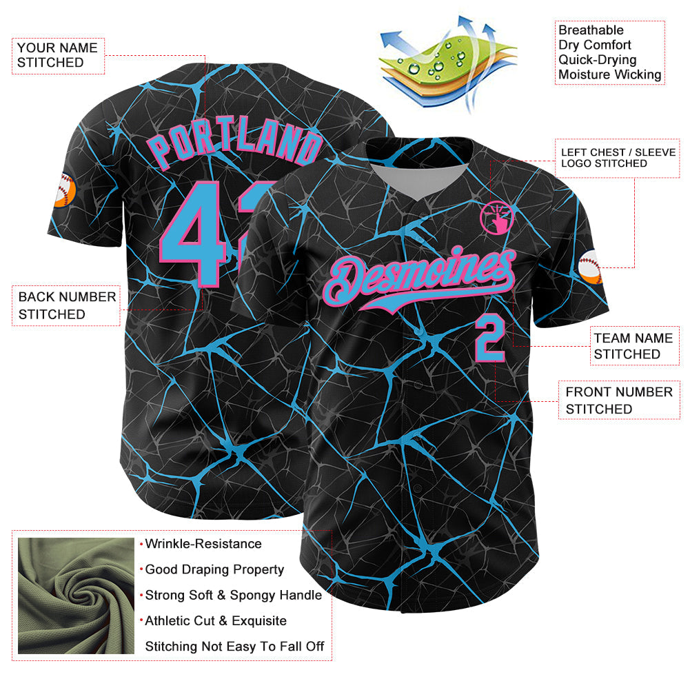 Custom Black Sky Blue-Pink 3D Pattern Design Abstract Network Authentic Baseball Jersey