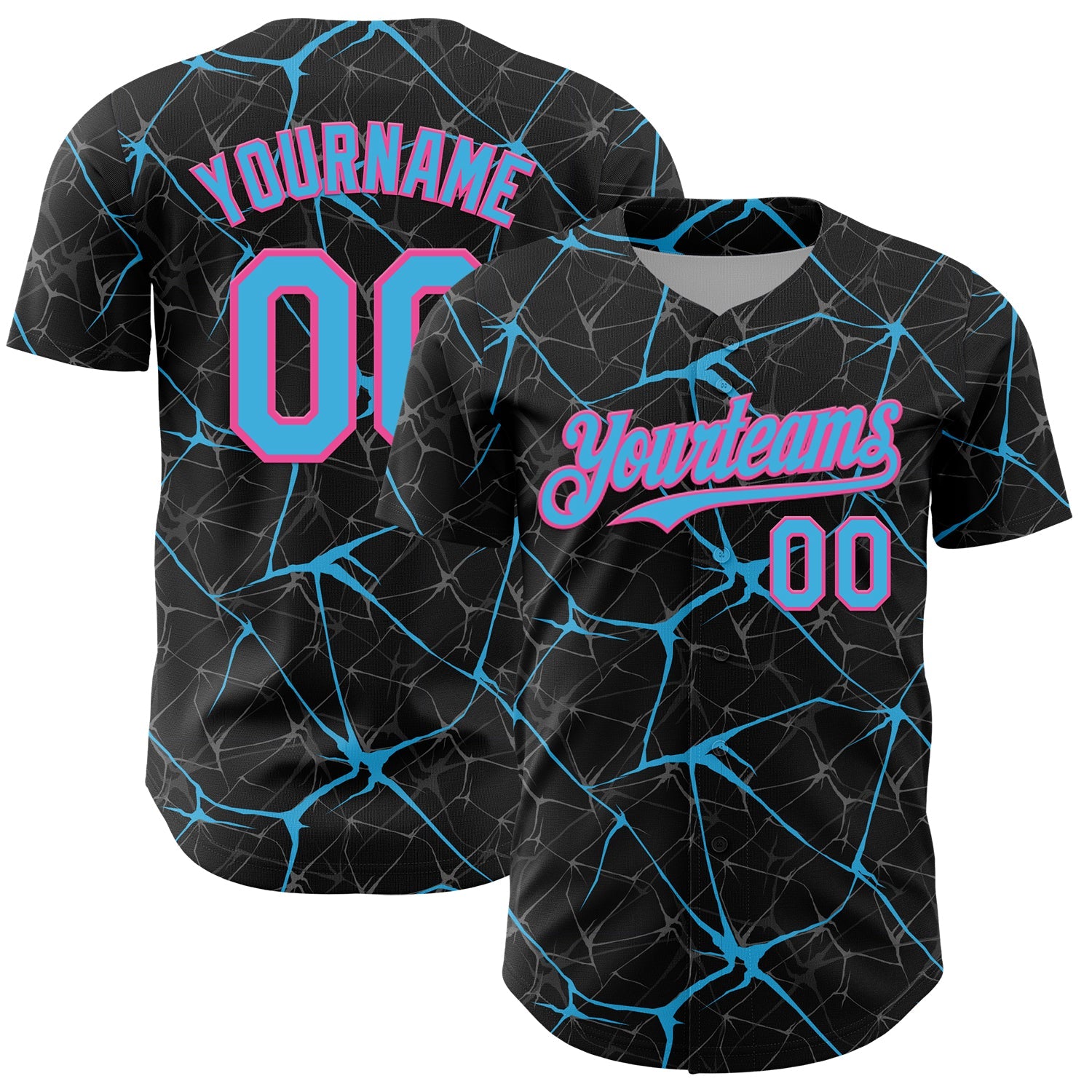 Custom Black Sky Blue-Pink 3D Pattern Design Abstract Network Authentic Baseball Jersey