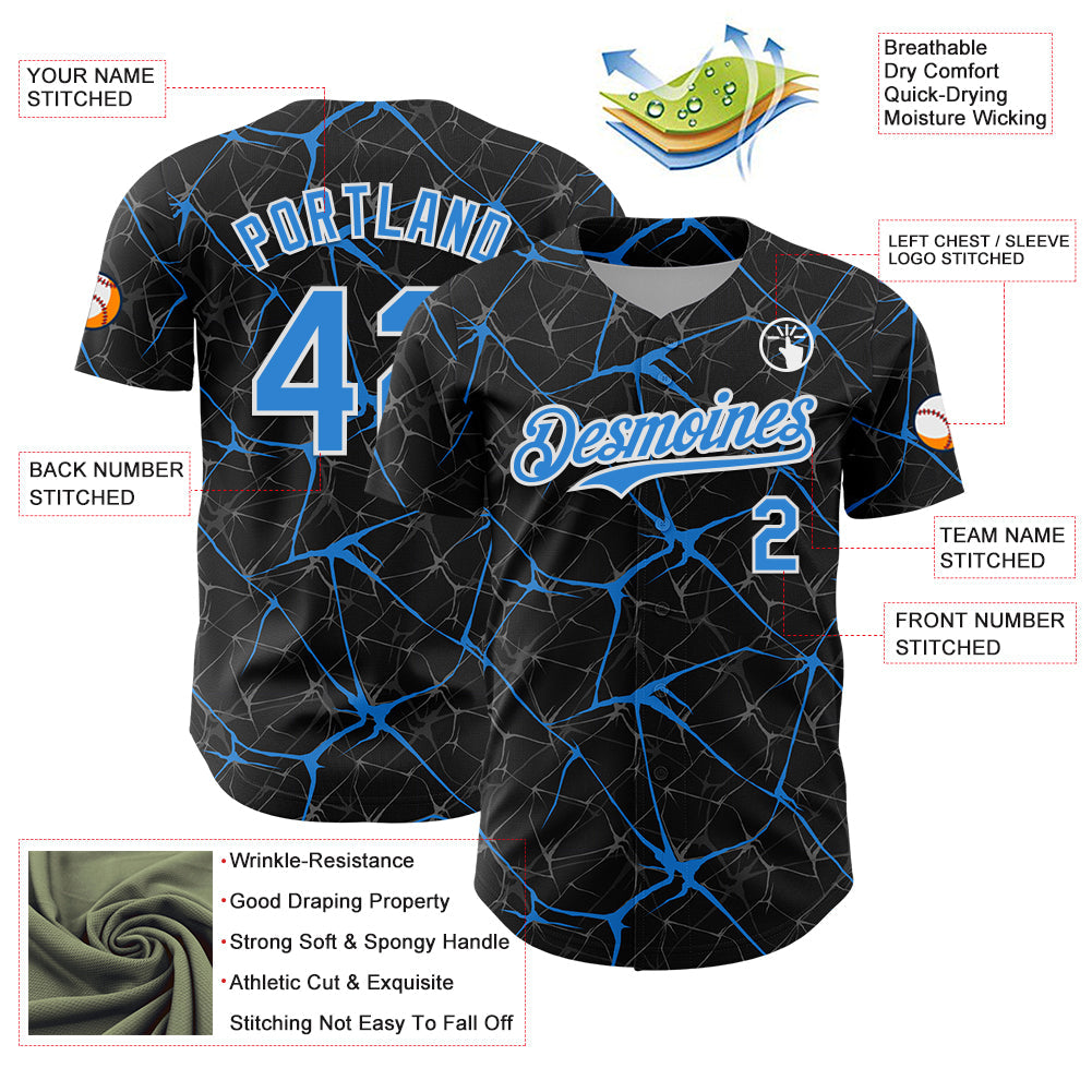 Custom Black Electric Blue-White 3D Pattern Design Abstract Network Authentic Baseball Jersey