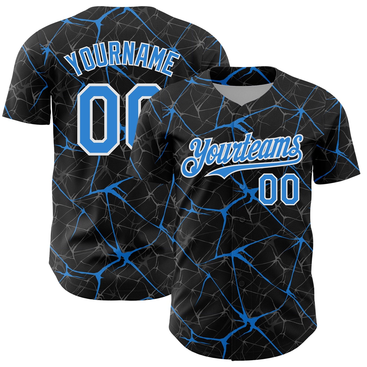 Custom Black Electric Blue-White 3D Pattern Design Abstract Network Authentic Baseball Jersey