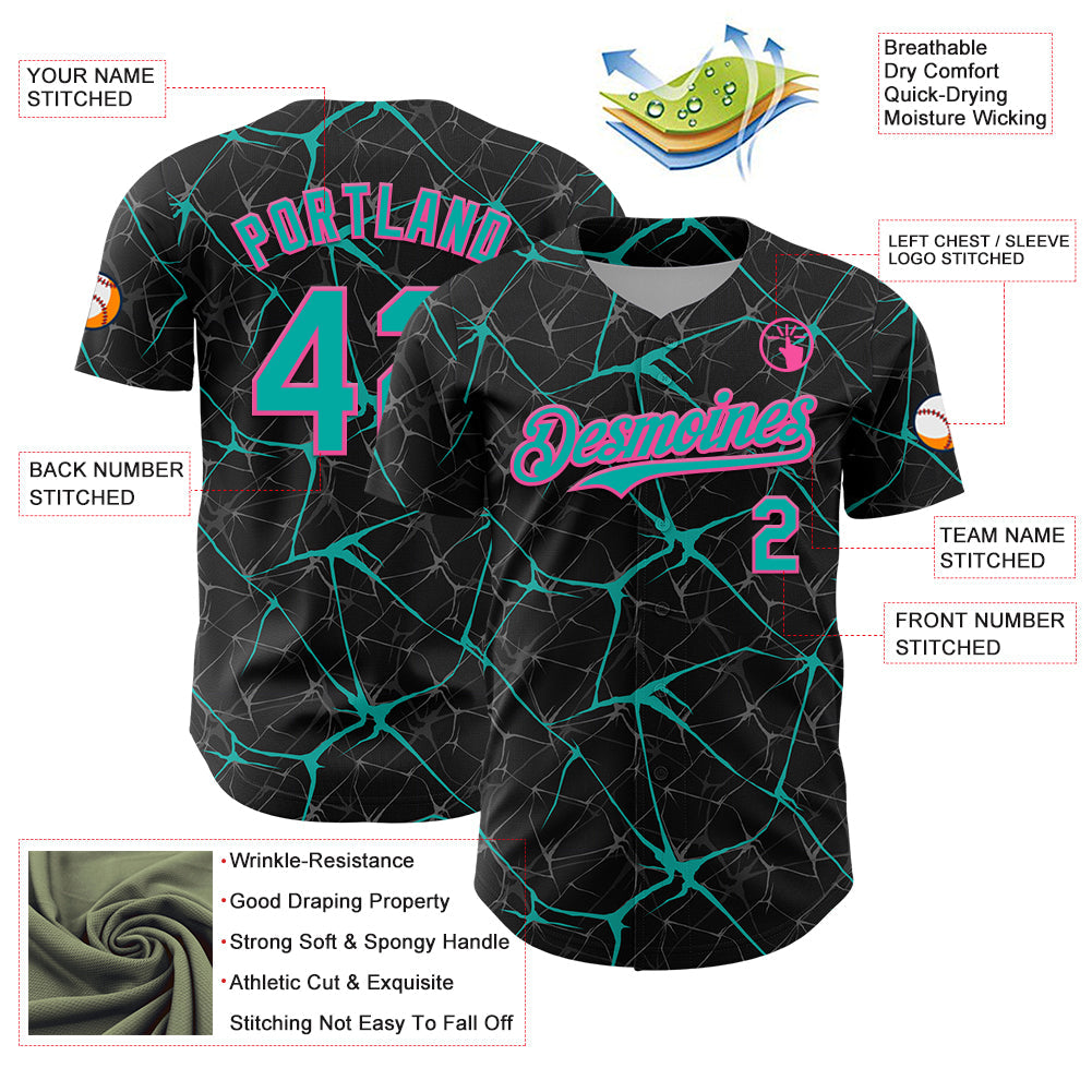 Custom Black Aqua-Pink 3D Pattern Design Abstract Network Authentic Baseball Jersey