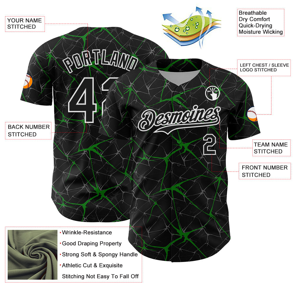 Custom Black Grass Green-White 3D Pattern Design Abstract Network Authentic Baseball Jersey
