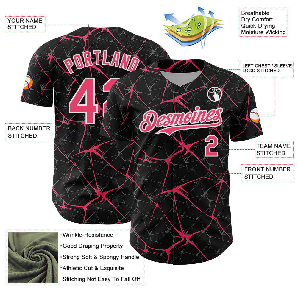 Custom Black Neon Pink-White 3D Pattern Design Abstract Network Authentic Baseball Jersey