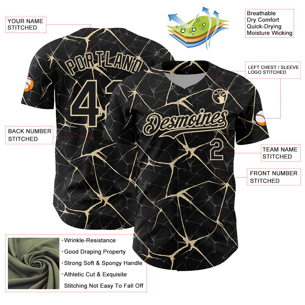 Custom Black Cream 3D Pattern Design Abstract Network Authentic Baseball Jersey