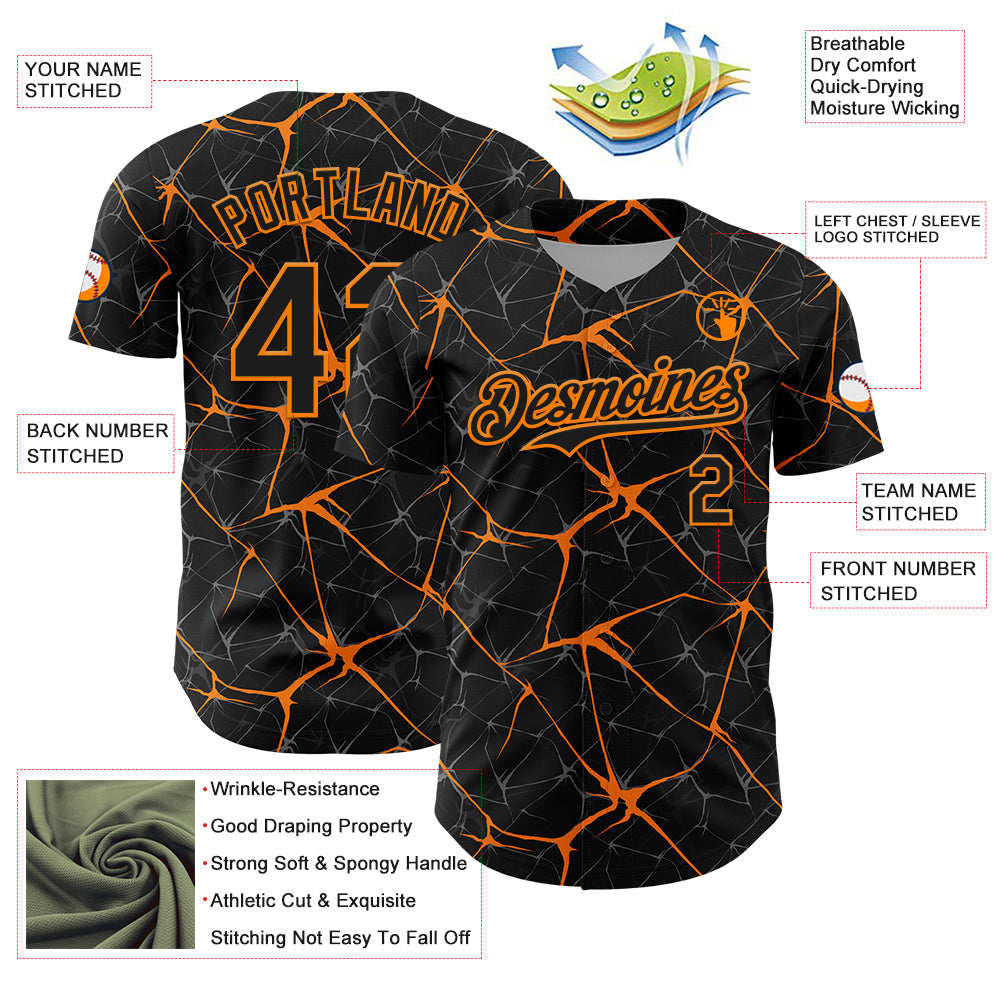 Custom Black Bay Orange 3D Pattern Design Abstract Network Authentic Baseball Jersey