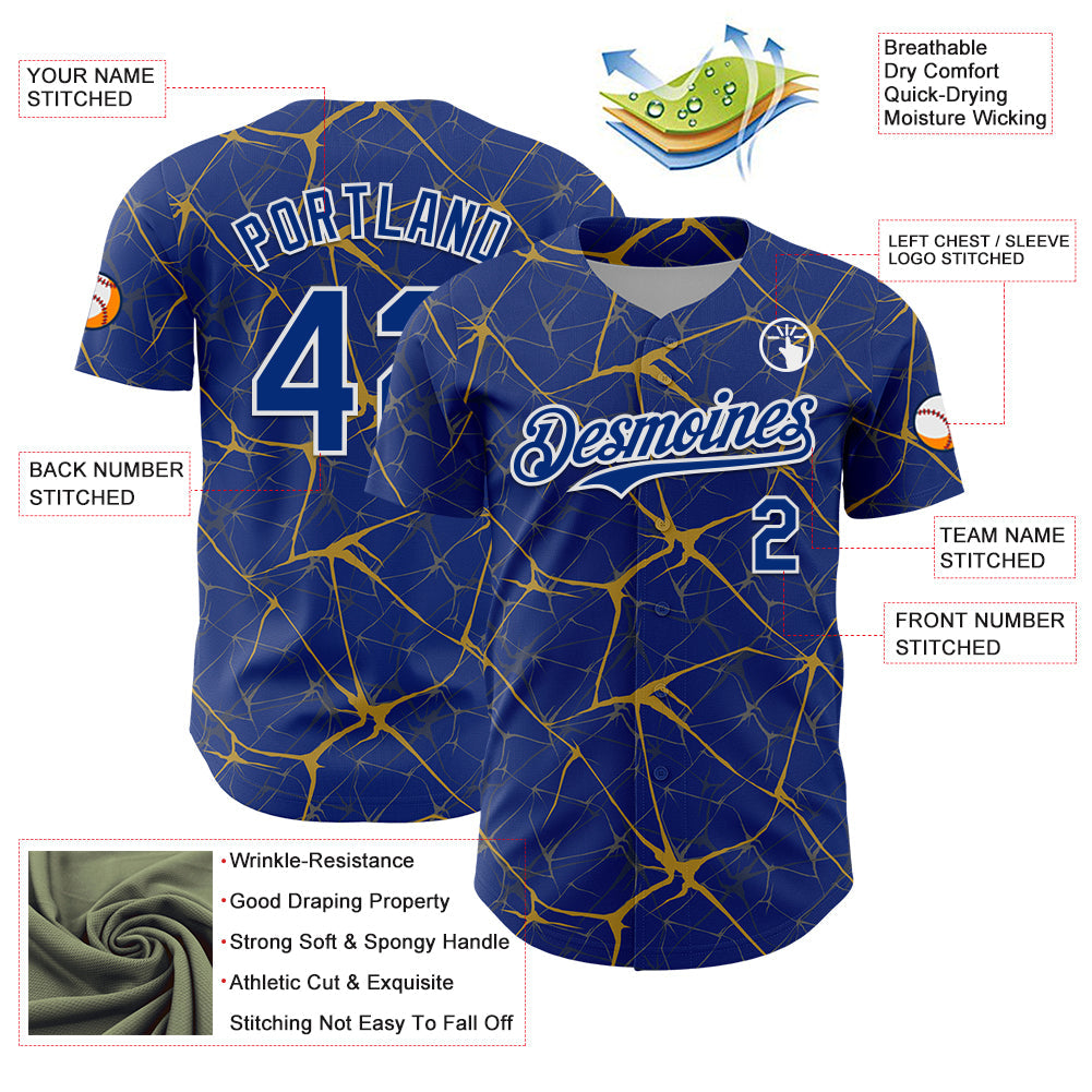 Custom Royal Old Gold-White 3D Pattern Design Abstract Network Authentic Baseball Jersey