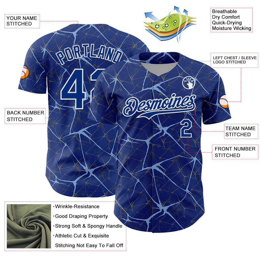 Custom Royal Light Blue-White 3D Pattern Design Abstract Network Authentic Baseball Jersey