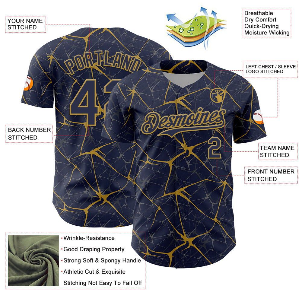 Custom Navy Old Gold 3D Pattern Design Abstract Network Authentic Baseball Jersey