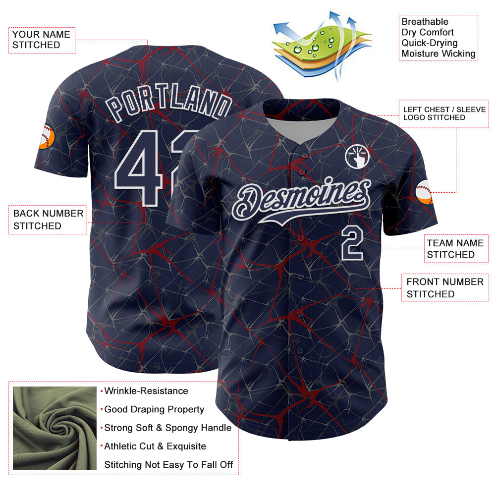 Custom Navy Crimson-White 3D Pattern Design Abstract Network Authentic Baseball Jersey