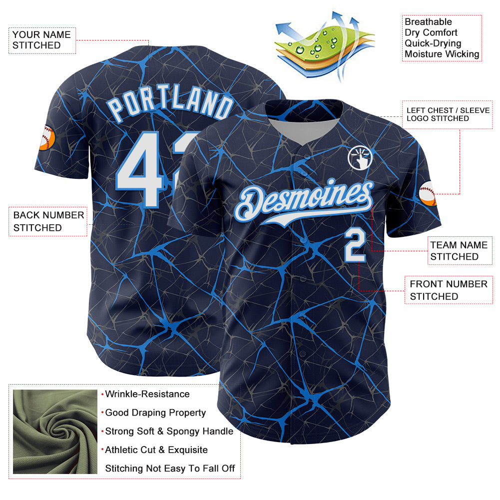 Custom Navy White-Electric Blue 3D Pattern Design Abstract Network Authentic Baseball Jersey