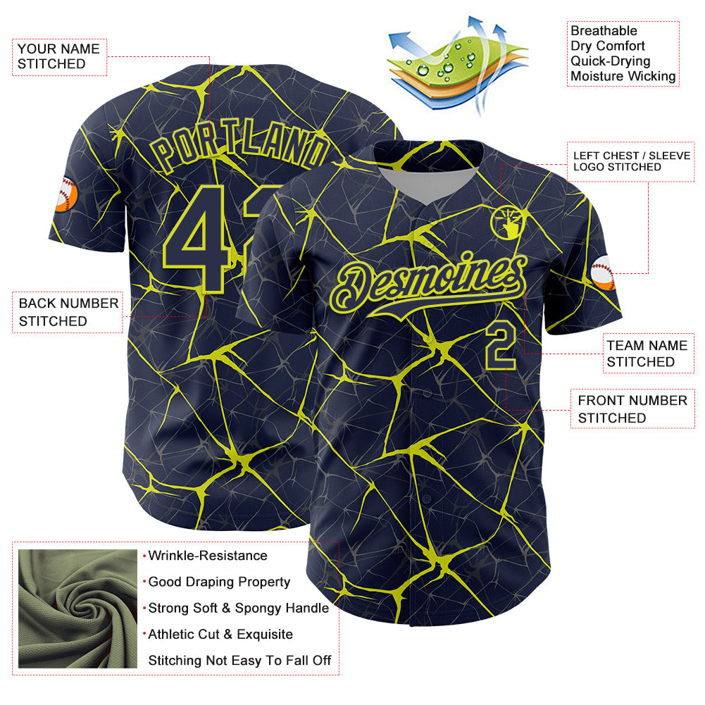 Custom Navy Neon Yellow 3D Pattern Design Abstract Network Authentic Baseball Jersey