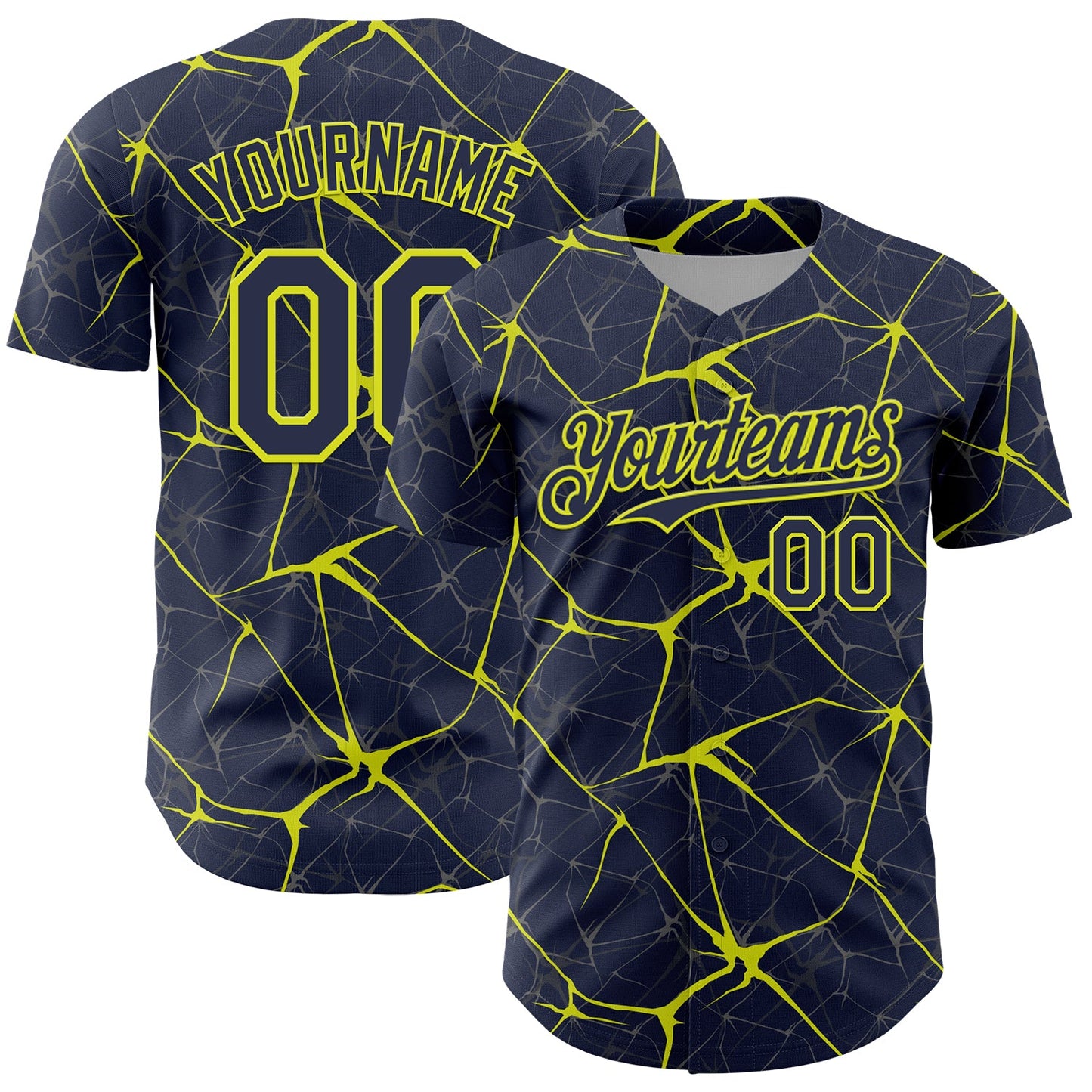 Custom Navy Neon Yellow 3D Pattern Design Abstract Network Authentic Baseball Jersey