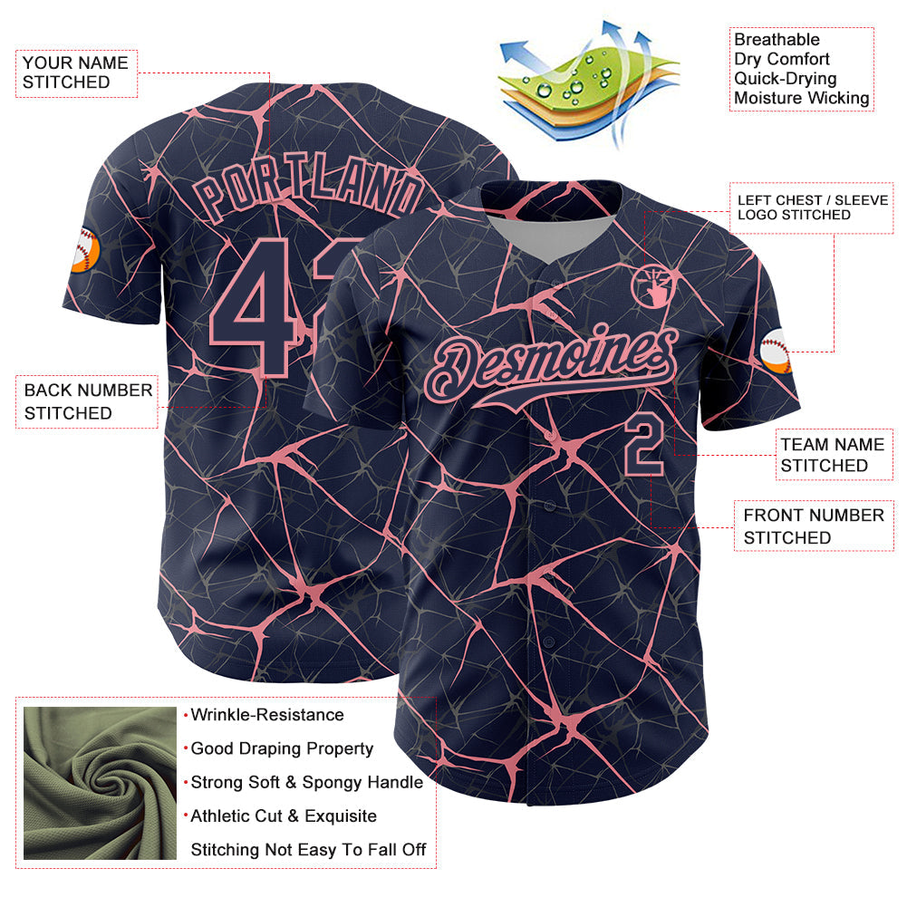 Custom Navy Medium Pink 3D Pattern Design Abstract Network Authentic Baseball Jersey