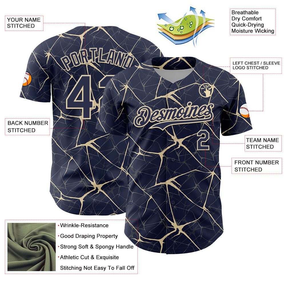 Custom Navy Cream 3D Pattern Design Abstract Network Authentic Baseball Jersey