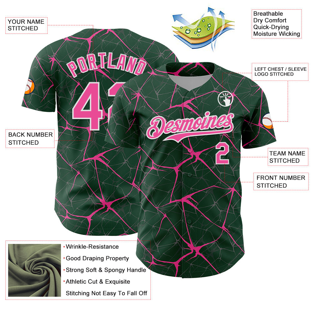 Custom Green Pink-White 3D Pattern Design Abstract Network Authentic Baseball Jersey