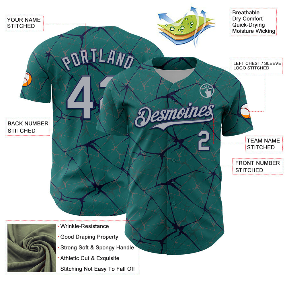 Custom Teal Gray-Navy 3D Pattern Design Abstract Network Authentic Baseball Jersey