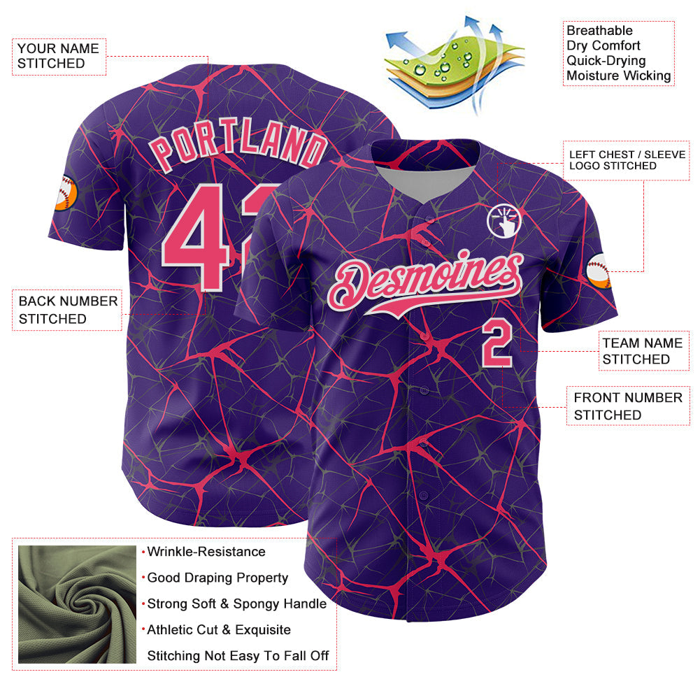Custom Purple Neon Pink-White 3D Pattern Design Abstract Network Authentic Baseball Jersey