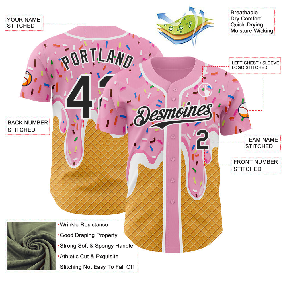 Custom Light Pink Black Yellow-White Foodie Food Dessert Melting Cream Waffle Grid Authentic Baseball Jersey