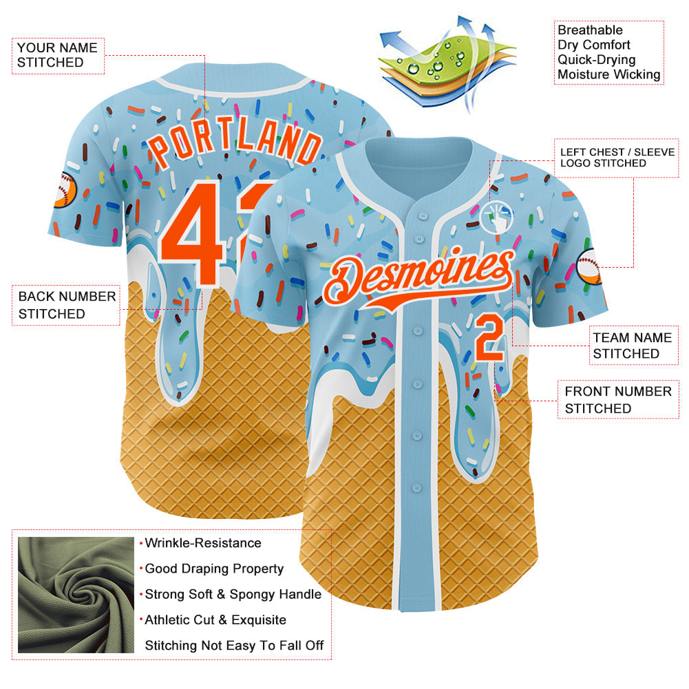Custom Electric Blue Orange Yellow-White Foodie Food Dessert Melting Cream Waffle Grid Authentic Baseball Jersey
