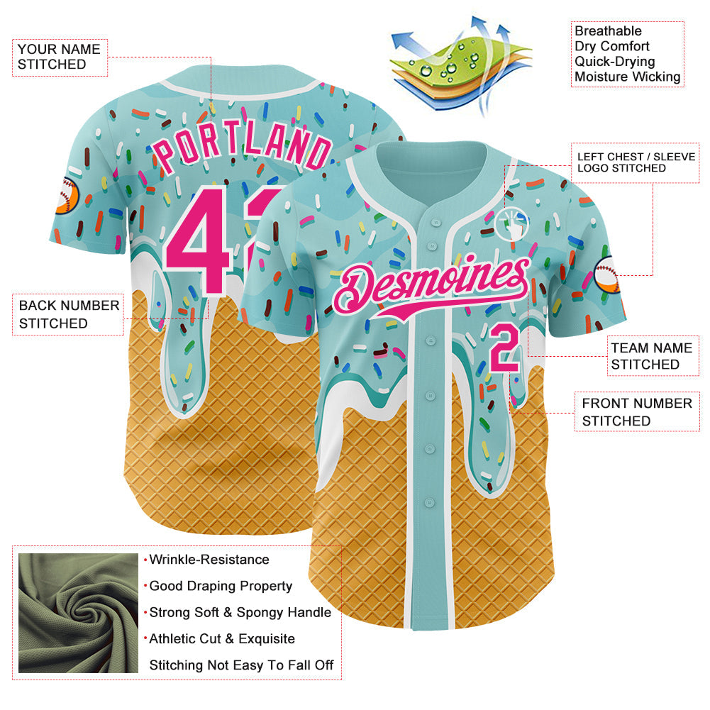 Custom Ice Blue Hot Pink Yellow-White Foodie Food Dessert Melting Cream Waffle Grid Authentic Baseball Jersey