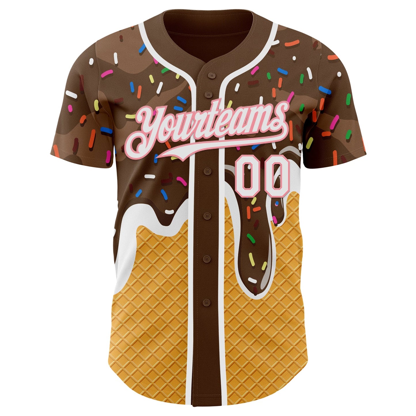 Custom Brown White Yellow-Medium Pink Foodie Food Dessert Melting Cream Waffle Grid Authentic Baseball Jersey