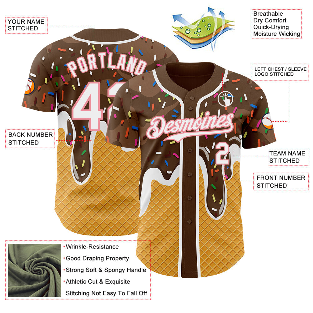 Custom Brown White Yellow-Medium Pink Foodie Food Dessert Melting Cream Waffle Grid Authentic Baseball Jersey