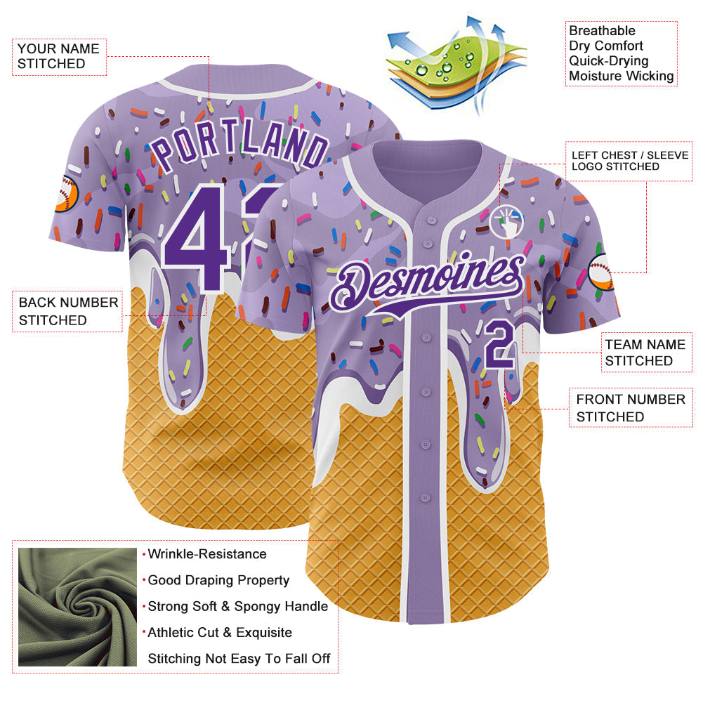 Custom Light Purple Purple Yellow-White Foodie Food Dessert Melting Cream Waffle Grid Authentic Baseball Jersey