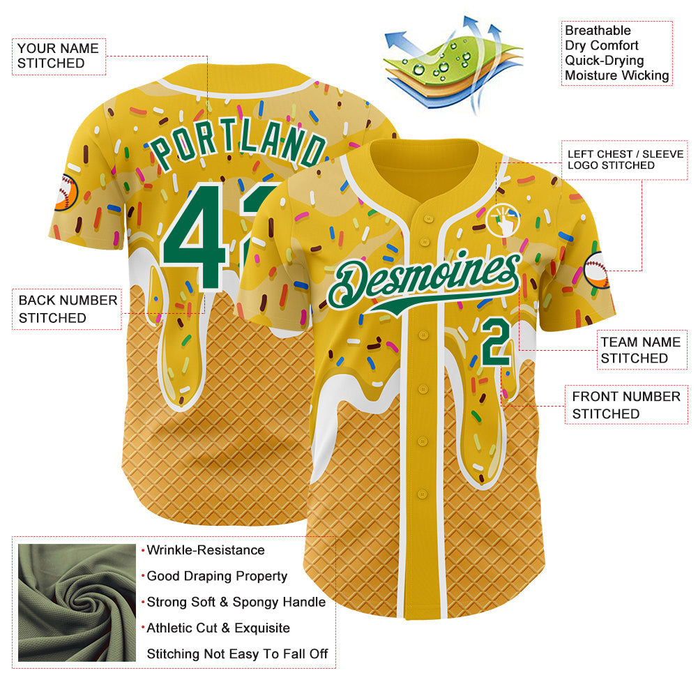 Custom Yellow Kelly Green-White Foodie Food Dessert Melting Cream Waffle Grid Authentic Baseball Jersey