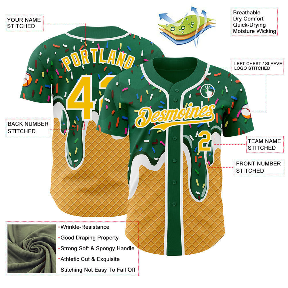 Custom Green Yellow-White Foodie Food Dessert Melting Cream Waffle Grid Authentic Baseball Jersey