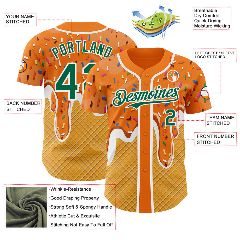 Custom Bay Orange Kelly Green Yellow-White Foodie Food Dessert Melting Cream Waffle Grid Authentic Baseball Jersey