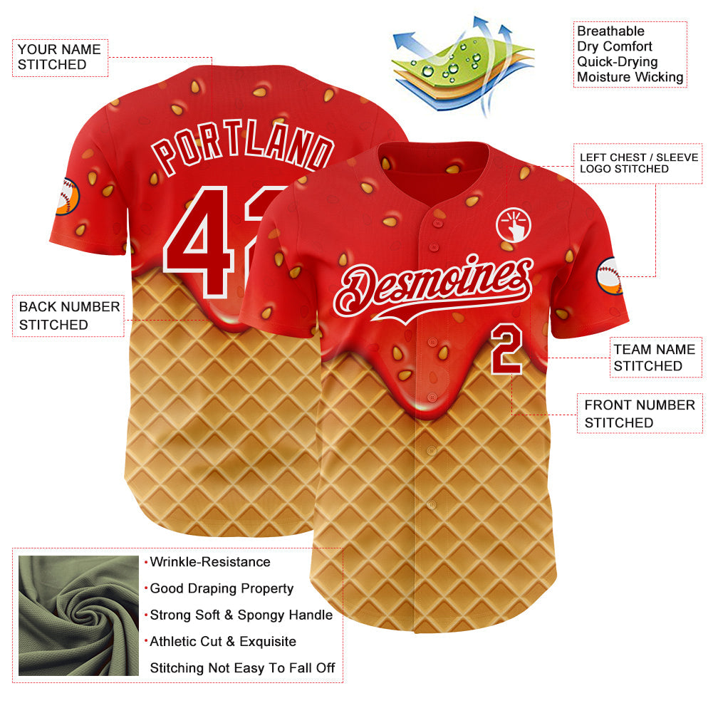 Custom Red Yellow-White Foodie Food Dessert Melting Cream Waffle Grid Authentic Baseball Jersey